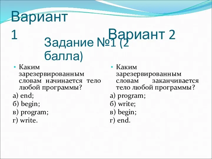 Вариант 1 Каким зарезервированным словам начинается тело любой программы? а) end;