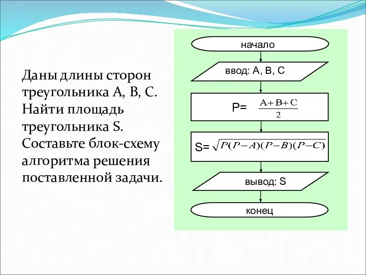 Даны длины сторон треугольника A, B, C. Найти площадь треугольника S.