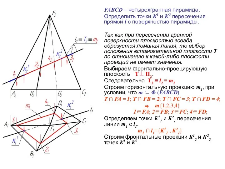 FABCD – четырехгранная пирамида. Определить точки К1 и К2 пересечения прямой