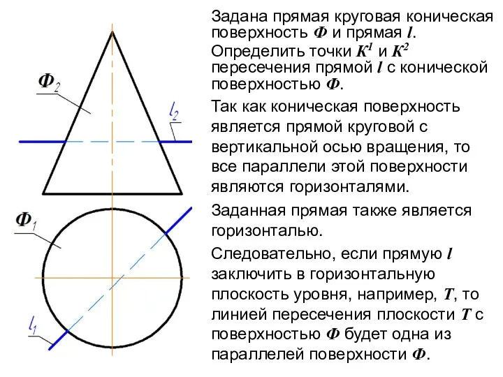 Задана прямая круговая коническая поверхность Ф и прямая l. Определить точки
