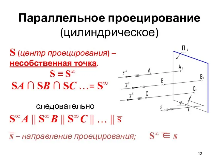 Параллельное проецирование (цилиндрическое) S (центр проецирования) – несобственная точка. S ≡