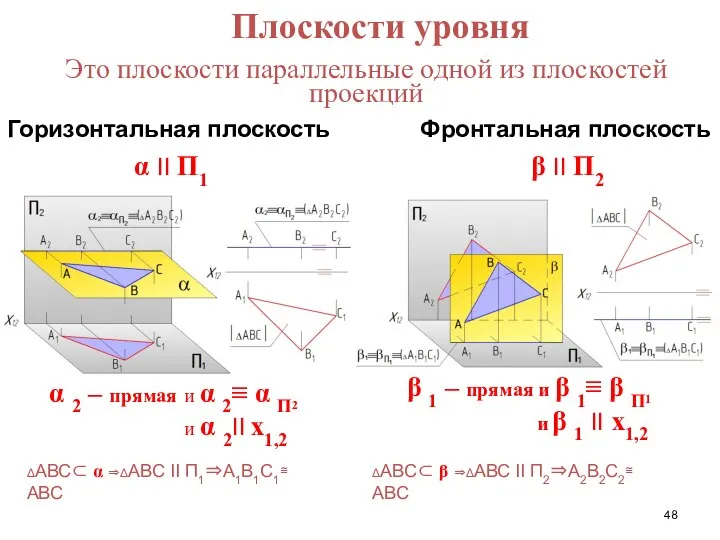 Это плоскости параллельные одной из плоскостей проекций Горизонтальная плоскость Фронтальная плоскость