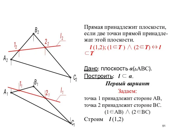 Прямая принадлежит плоскости, если две точки прямой принадле-жат этой плоскости. l