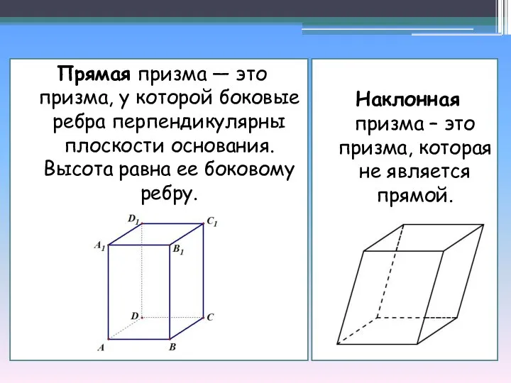 Прямая призма — это призма, у которой боковые ребра перпендикулярны плоскости