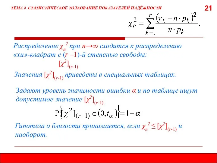 21 ТЕМА 4 СТАТИСТИЧЕСКОЕ ТОЛКОВАНИЕ ПОКАЗАТЕЛЕЙ НАДЁЖНОСТИ Распределение χп2 при п→∞