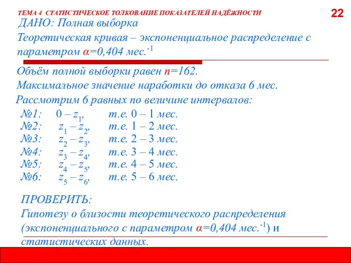 22 ТЕМА 4 СТАТИСТИЧЕСКОЕ ТОЛКОВАНИЕ ПОКАЗАТЕЛЕЙ НАДЁЖНОСТИ ДАНО: Полная выборка Рассмотрим