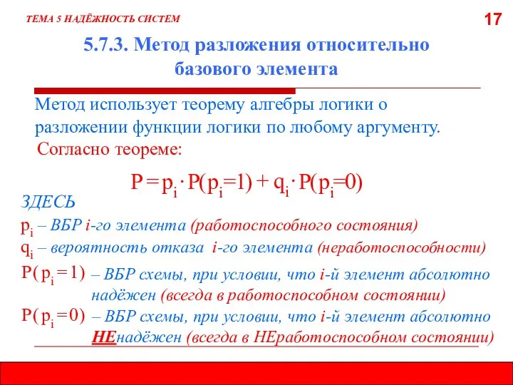 17 5.7.3. Метод разложения относительно базового элемента ТЕМА 5 НАДЁЖНОСТЬ СИСТЕМ