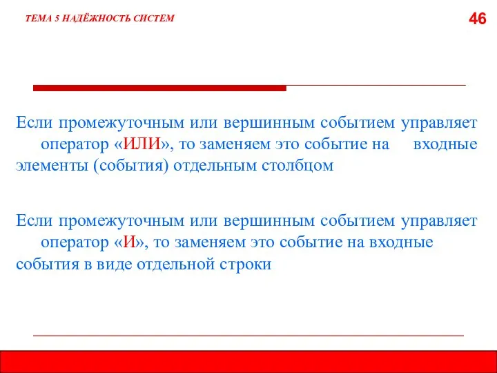 46 Если промежуточным или вершинным событием управляет оператор «ИЛИ», то заменяем