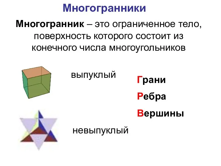 Многогранники Многогранник – это ограниченное тело, поверхность которого состоит из конечного