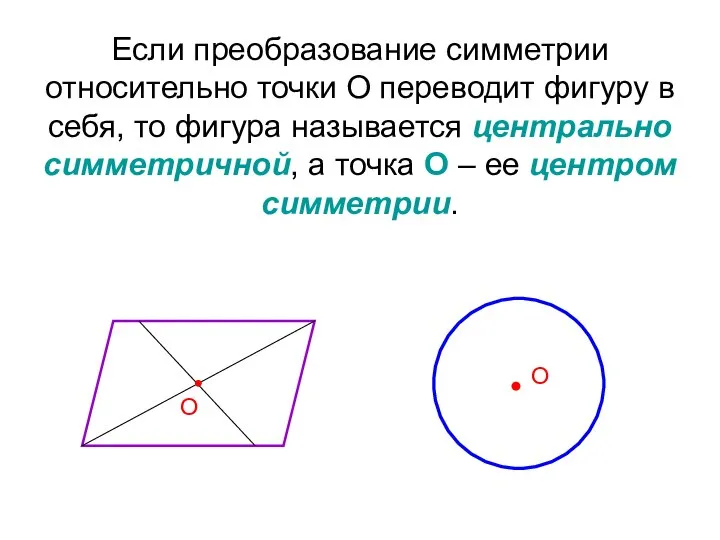 Если преобразование симметрии относительно точки О переводит фигуру в себя, то