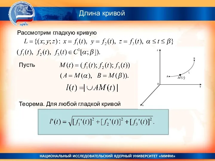 Длина кривой Рассмотрим гладкую кривую Пусть Теорема. Для любой гладкой кривой