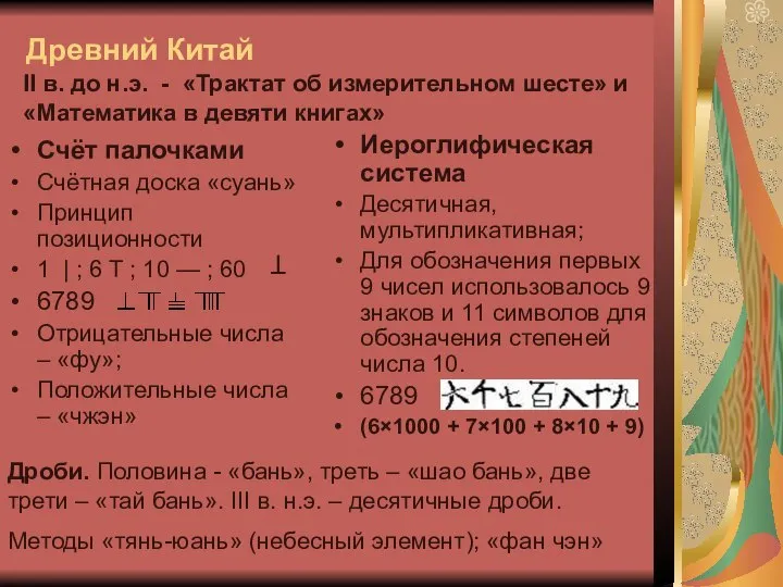 Древний Китай Счёт палочками Счётная доска «суань» Принцип позиционности 1 |