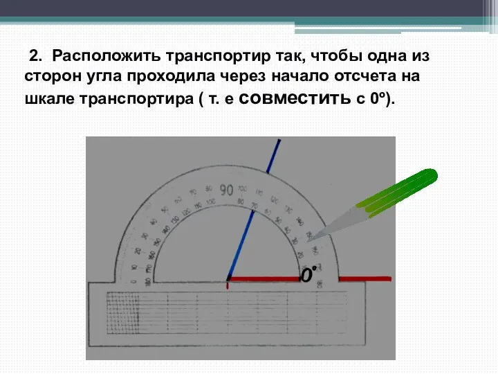 2. Расположить транспортир так, чтобы одна из сторон угла проходила через