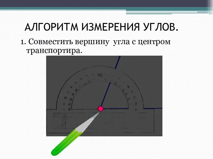 АЛГОРИТМ ИЗМЕРЕНИЯ УГЛОВ. 1. Совместить вершину угла с центром транспортира.