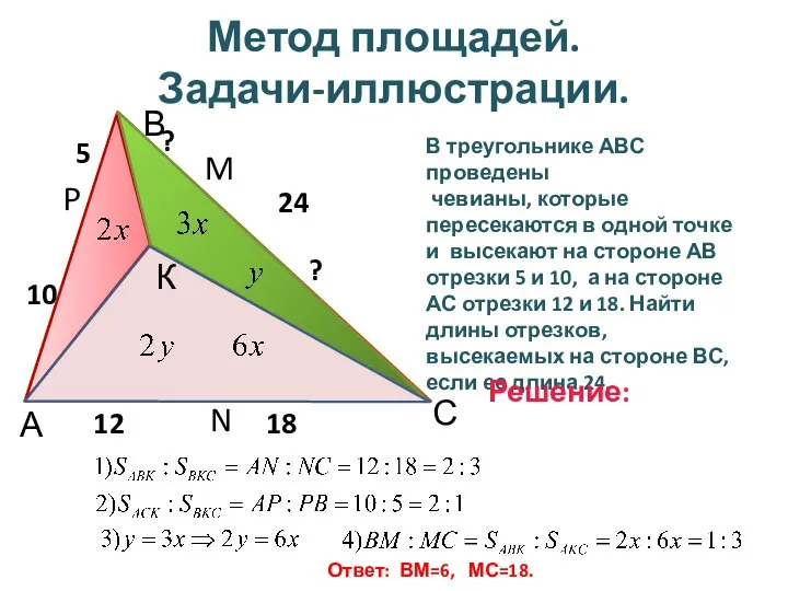 Метод площадей. Задачи-иллюстрации. А В С N P M 12 18