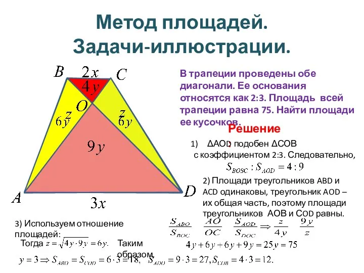 Метод площадей. Задачи-иллюстрации. В трапеции проведены обе диагонали. Ее основания относятся