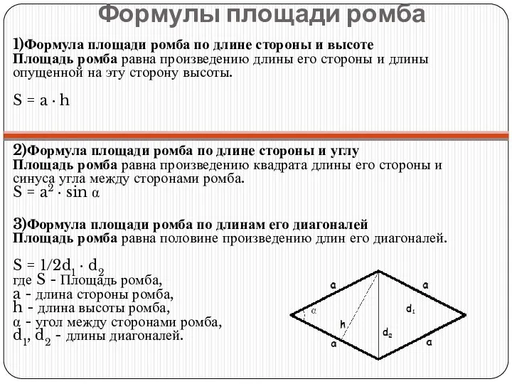 Формулы площади ромба 1)Формула площади ромба по длине стороны и высоте