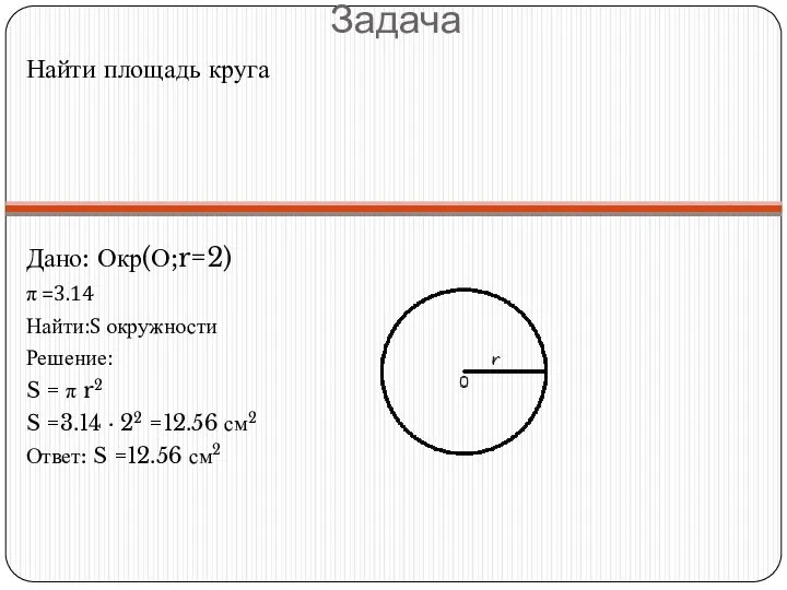 Задача Найти площадь круга Дано: Окр(О;r=2) π =3.14 Найти:S окружности Решение: