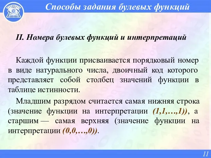 Способы задания булевых функций II. Номера булевых функций и интерпретаций Каждой