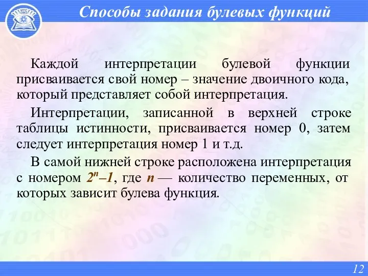 Способы задания булевых функций Каждой интерпретации булевой функции присваивается свой номер