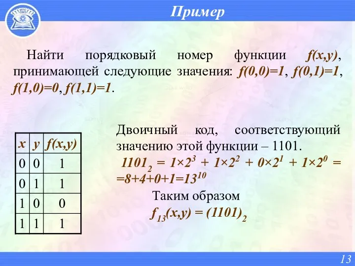 Пример Найти порядковый номер функции f(x,y), принимающей следующие значения: f(0,0)=1, f(0,1)=1,