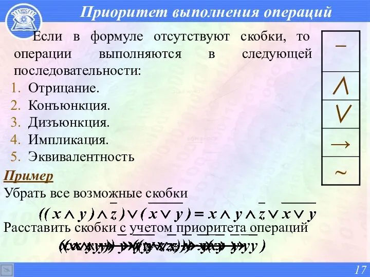 Приоритет выполнения операций Если в формуле отсутствуют скобки, то операции выполняются