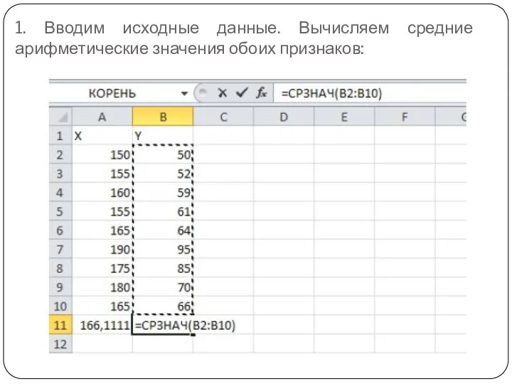 1. Вводим исходные данные. Вычисляем средние арифметические значения обоих признаков: