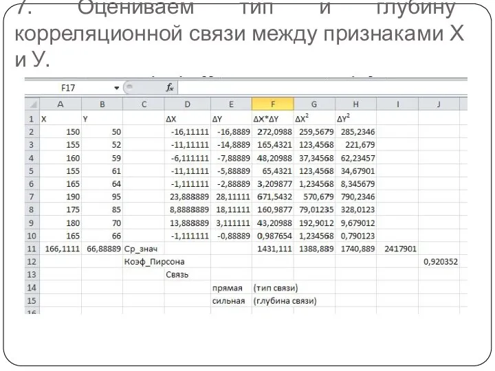 7. Оцениваем тип и глубину корреляционной связи между признаками Х и У.