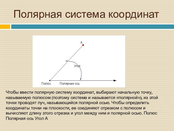 Полярная система координат Чтобы ввести полярную систему координат, выбирают начальную точку,