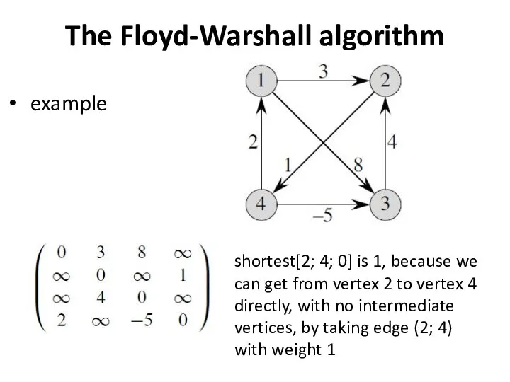 The Floyd-Warshall algorithm example shortest[2; 4; 0] is 1, because we