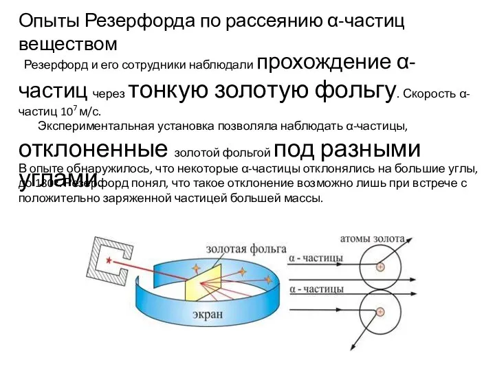 Опыты Резерфорда по рассеянию α-частиц веществом Резерфорд и его сотрудники наблюдали