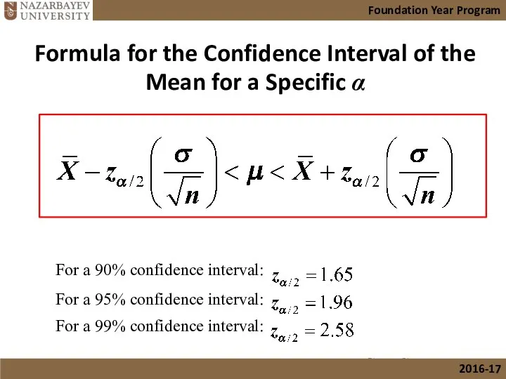 Formula for the Confidence Interval of the Mean for a Specific
