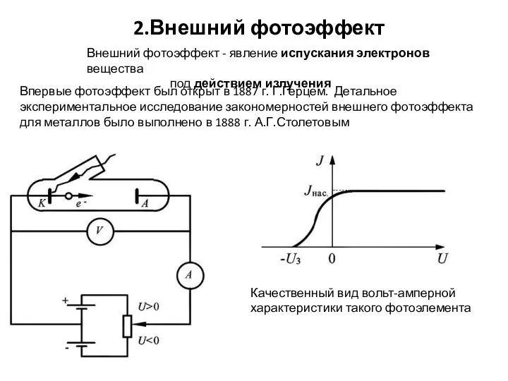 2.Внешний фотоэффект Внешний фотоэффект - явление испускания электронов вещества под действием