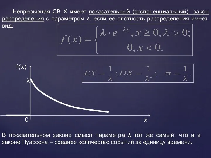 Непрерывная СВ Х имеет показательный (экспоненциальный) закон распределения с параметром λ,