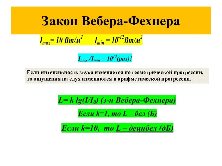 Закон Вебера-Фехнера Если интенсивность звука изменяется по геометрической прогрессии, то ощущения