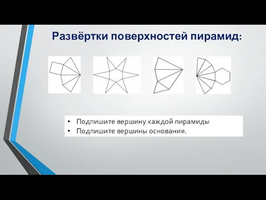 Развёртки поверхностей пирамид: Подпишите вершину каждой пирамиды Подпишите вершины основания.