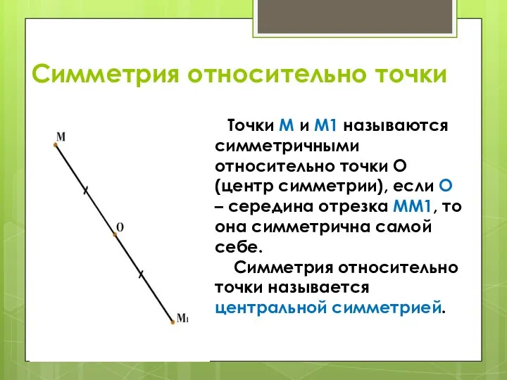 Симметрия относительно точки Точки М и М1 называются симметричными относительно точки