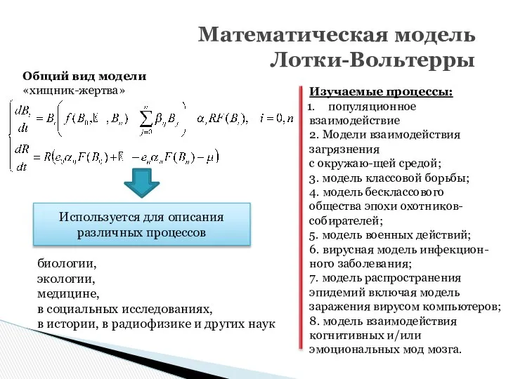 Математическая модель Лотки-Вольтерры Общий вид модели «хищник-жертва» Используется для описания различных