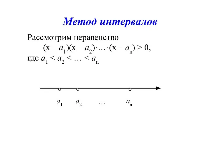 Рассмотрим неравенство (х – а1)(х – а2)·…·(х – аn) > 0, где а1 Метод интервалов