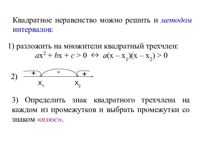 Квадратное неравенство можно решить и методом интервалов: - + + 3)