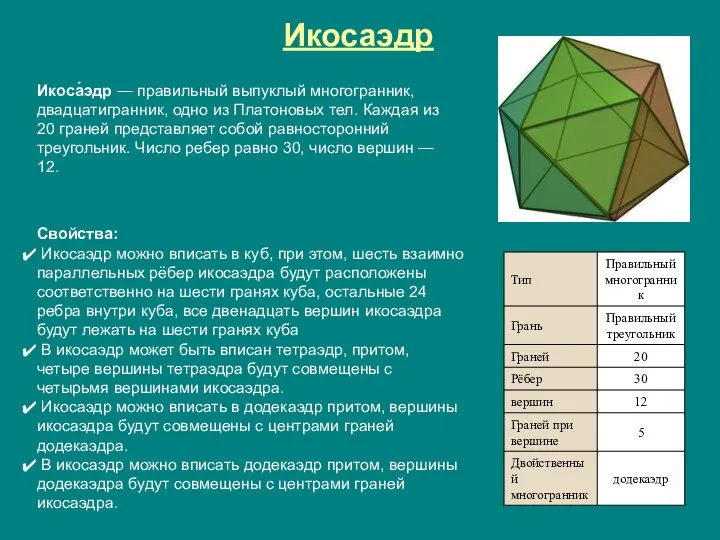 Икосаэдр Икоса́эдр — правильный выпуклый многогранник, двадцатигранник, одно из Платоновых тел.