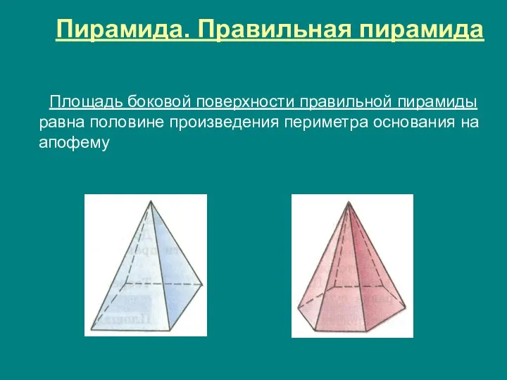 Пирамида. Правильная пирамида Площадь боковой поверхности правильной пирамиды равна половине произведения периметра основания на апофему