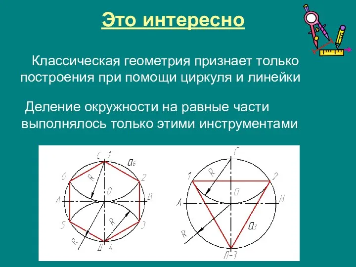 Это интересно Классическая геометрия признает только построения при помощи циркуля и