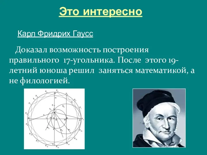 Это интересно Карл Фридрих Гаусс Доказал возможность построения правильного 17-угольника. После