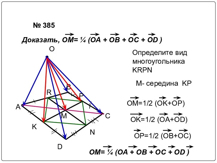 № 385 Доказать, ОМ= ¼ (OA + OB + OC +