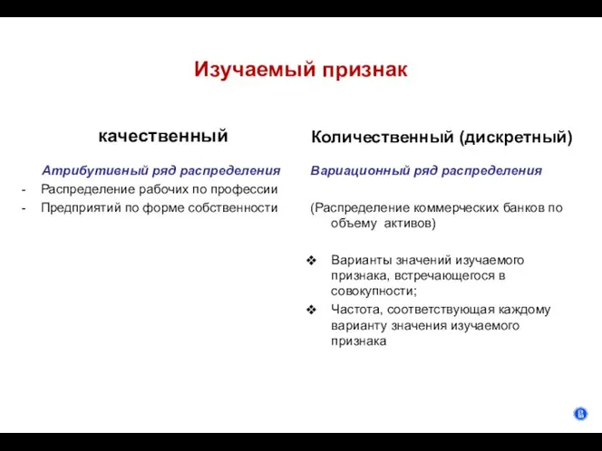 качественный Атрибутивный ряд распределения Распределение рабочих по профессии Предприятий по форме