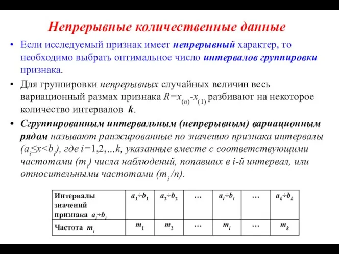 Непрерывные количественные данные Если исследуемый признак имеет непрерывный характер, то необходимо