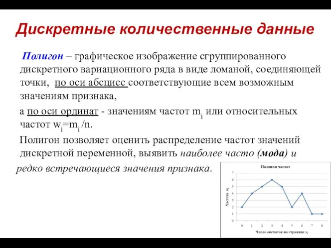 Дискретные количественные данные Полигон – графическое изображение сгруппированного дискретного вариационного ряда