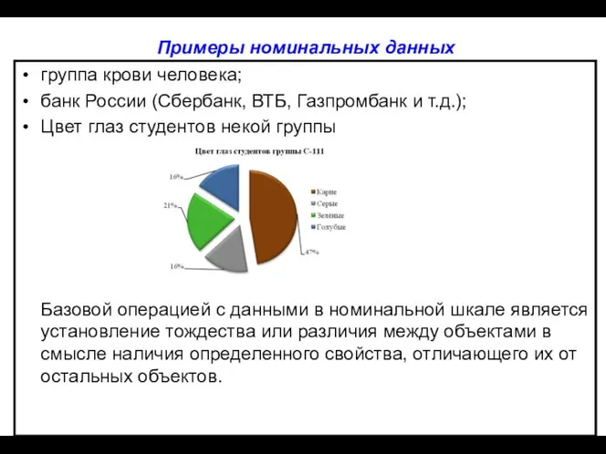 Примеры номинальных данных группа крови человека; банк России (Сбербанк, ВТБ, Газпромбанк