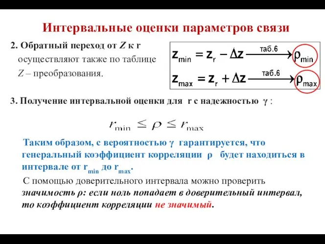 Интервальные оценки параметров связи 2. Обратный переход от Z к r